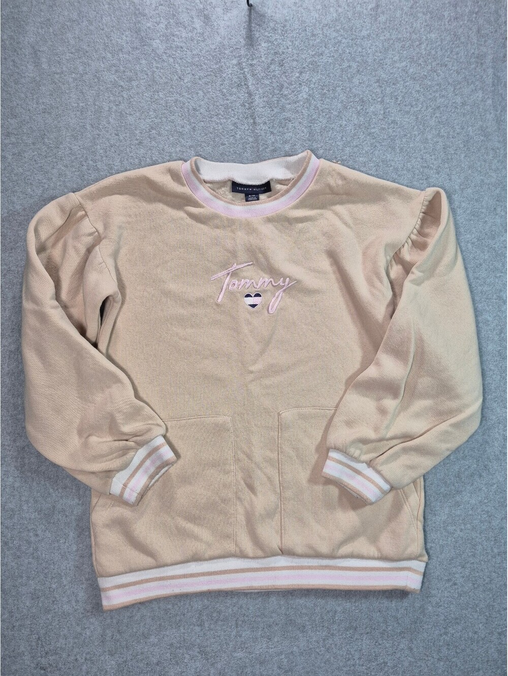Tommy Hilfiger Girls 8-10 Pink Sweatshirt Puff Sleeve Embroidered Logo